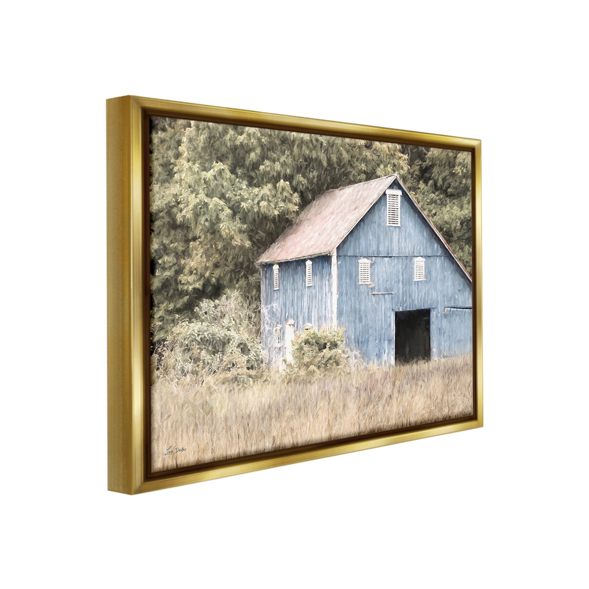 Stupell Industries Rustic Blue Barn Landscape Painting Gold Floater Framed Canvas Art Print Wall Art, 31 x 25