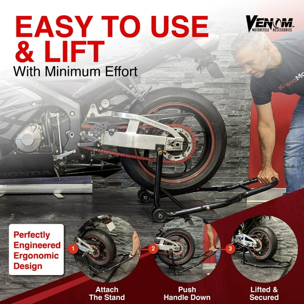 Venom Motorcycle Stand Lift Front Rear Combo Universal Paddock Lift Stand Front Wheel Fork Stand Rear Wheel Swingarm Spool Stand Compatible
