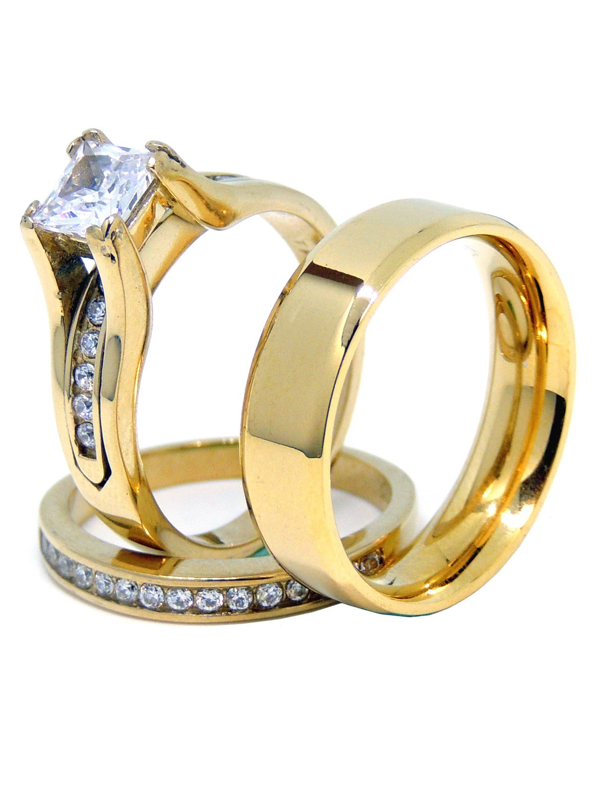 Square Princess CZ Stainless Steel Gold GP Wedding Engagement 2 PC Ring Set 