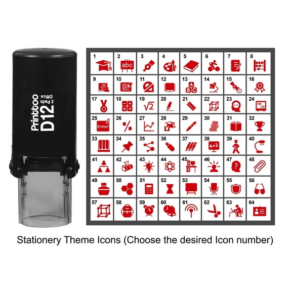 Printtoo Personalized Stationery Theme Icons Round Rubber Stamp Self Inking Stamper 12 mm-Red