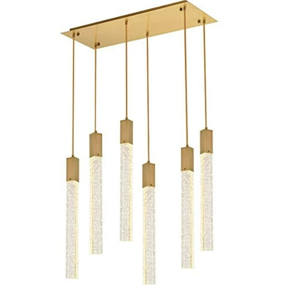 6 Light Pendant Light - Satin Gold Crystal Chandelier, Adjustable Height, Modern Interior Lighting