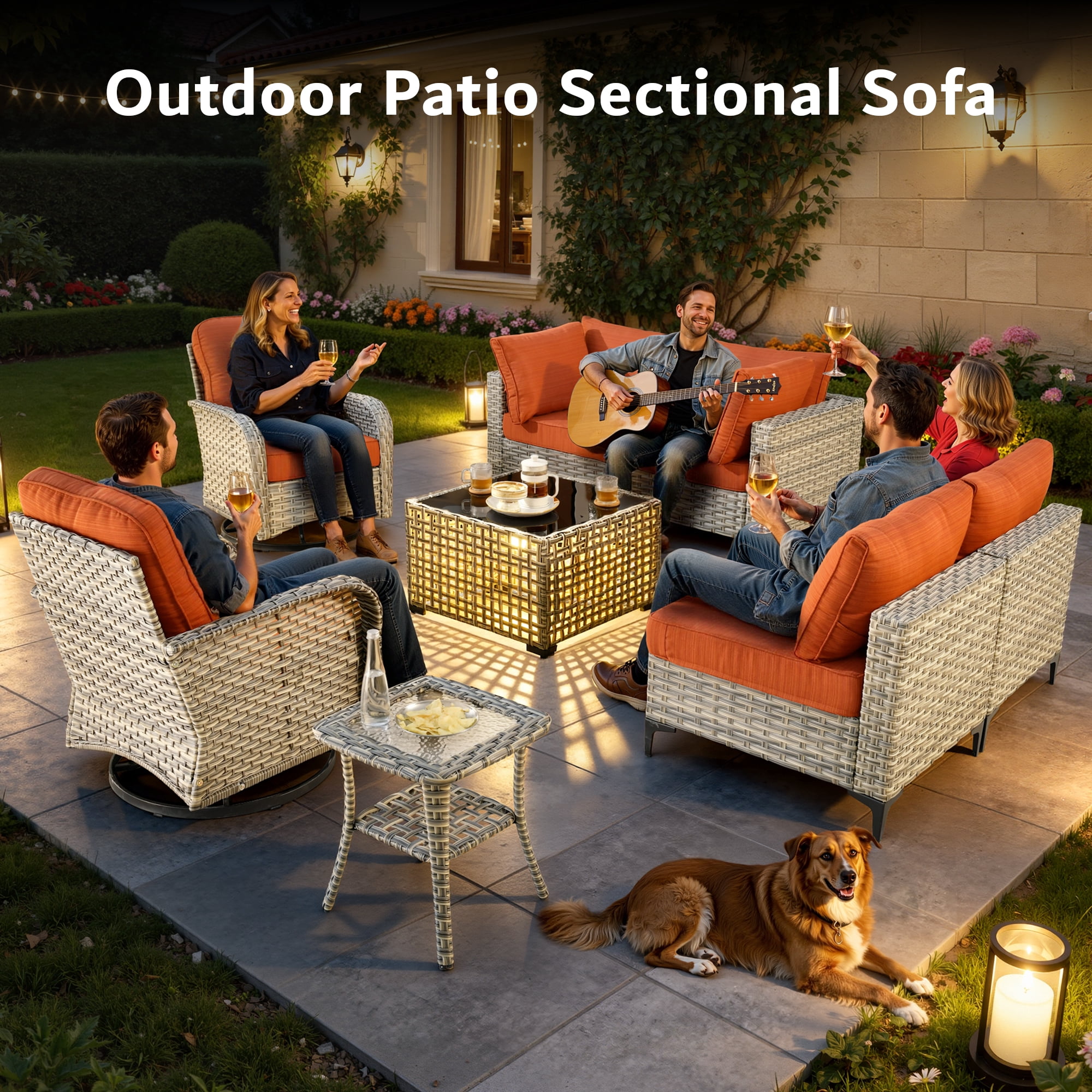 Vcatnet Outdoor Patio Furniture Sets 8 Pieces Sectional Sofa Wicker Conversation Set with Swivel Glider Chairs and Solar Powered Coffee Table for Porch, Deck, Orange Red