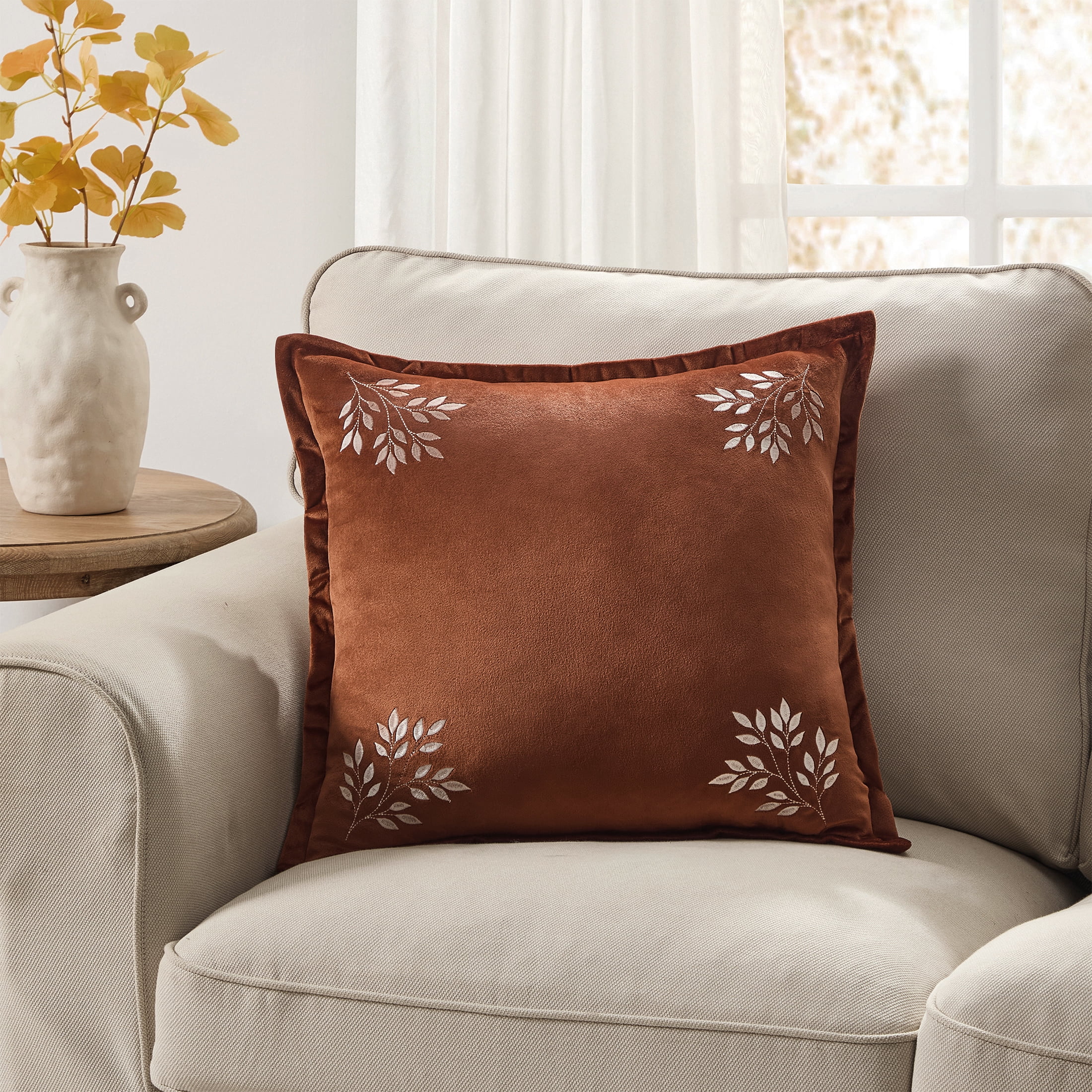 My Texas House 18 in x 18 in Ginger Embroidered Leaves Velvet Decorative Pillow