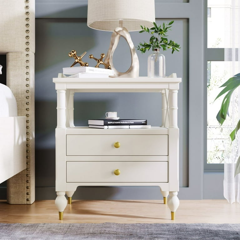 Hassch Wooden 2 Drawer Nightstand with Storage Open Shelf White