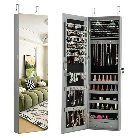 WDZS Wall or Door Mounted Jewelry Armoire with 47.5" Full Length Mirror, Lockable Cabinet with 2 LED Lights, 2 Drawers, Over the Door Large Jewelry Storage Organizer (Gray)