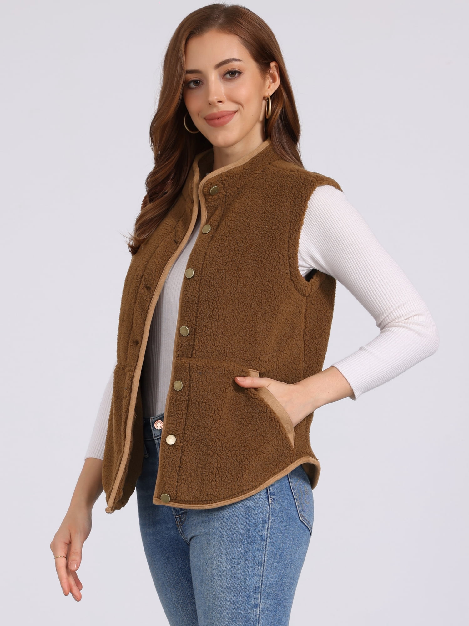 DARING DIVA Women's Fleece Button Down Jacket with Pockets Oversized Fuzzy Vests S Dark Brown