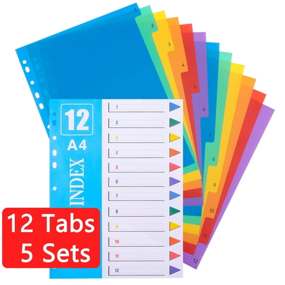 sixwipe 60-Tab Binder Dividers, 5-Set Plastic Notebook Dividers with 12 Tabs, 11-Hole Punched for 3-Ring Binders, Office & School Supplies
