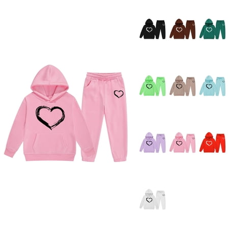 Long Sleeve Solid Warm Hoodie Pullover Tops Pants Kids Outfits Sweat Suit Heart Graphic Print Y2K Hoodies for Child Toddler Boys Girls Fall Winter Clothes
