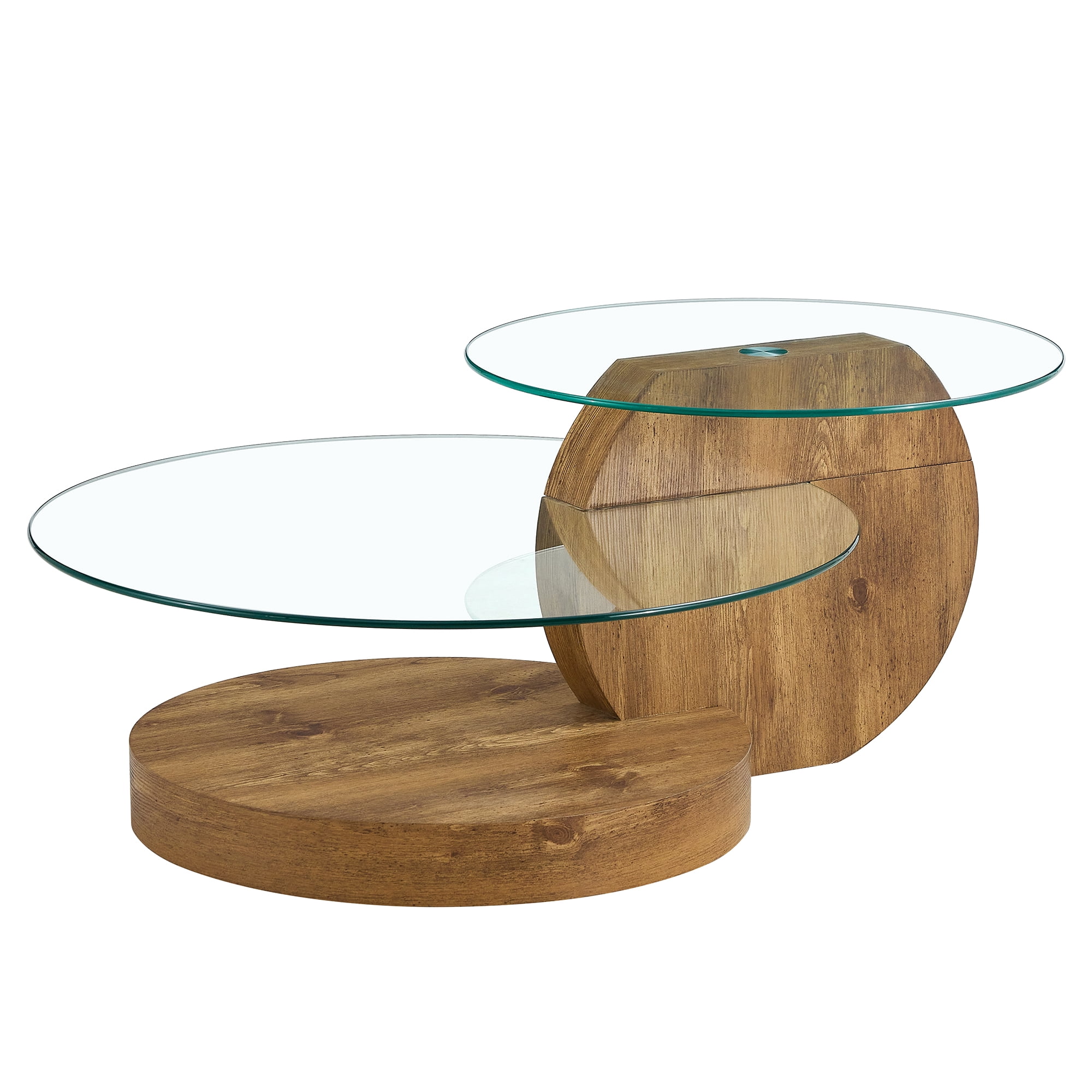 Vanress 42" Glass Coffee Table, Round Coffee Table, Modern Double Layer Round Glass Coffee Table for Living Room, Wood