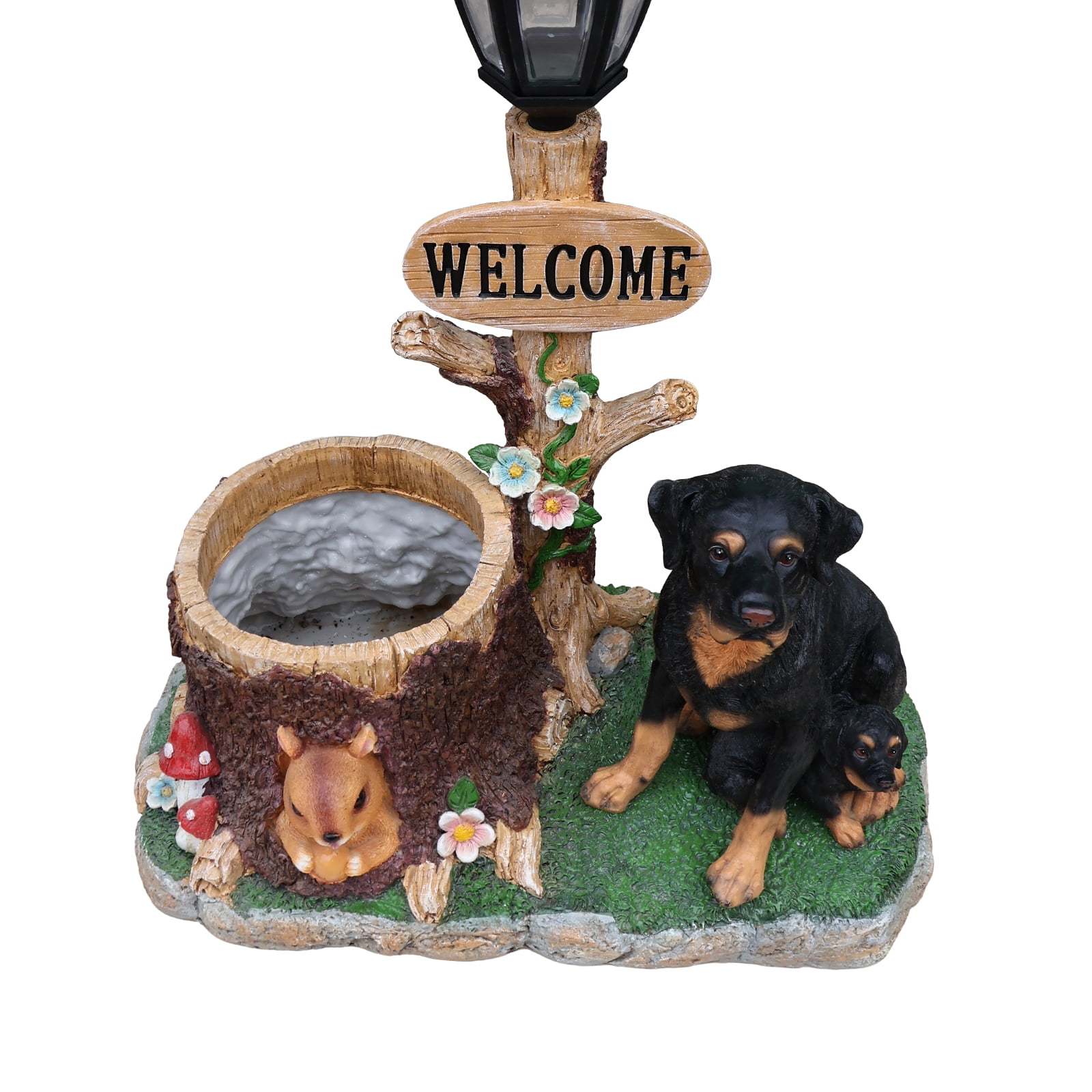 25.59" H Solar Rottweiler Planter with Welcome Sign & Lantern,Resin Dog Flower Pot,Shatterproof Fade Resistant Outdoor Garden Statue for Yard Patio Lawn Decor,Brown+Black