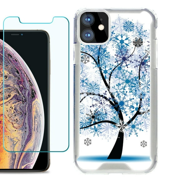 For Apple iPhone 11 Case, Hybrid Bumper Phone Case, with Tempered Glass Screen Protector, by OneToughShield ® - Snowflakes Tree