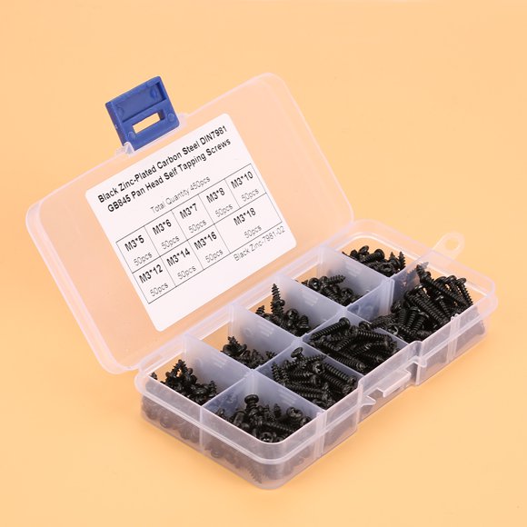 Carbon Steel M3 Pan Head Tapping Screw Set, 450pcs in 9 Size for Wood, Metal, Plastic with Storage Box