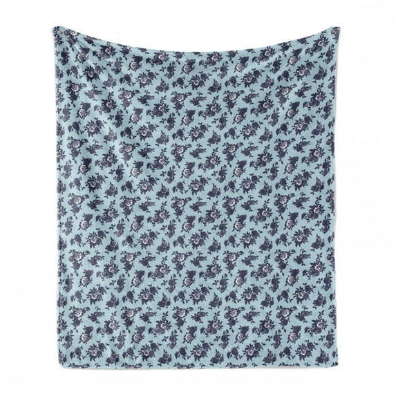 Floral Soft Flannel Fleece Throw Blanket, Repetitive Wild Roses in Violet Tones on Polka Dotted Background, Cozy Plush for Indoor and Outdoor Use, 60" x 80", Baby Blue and Purple Grey, by Ambesonne