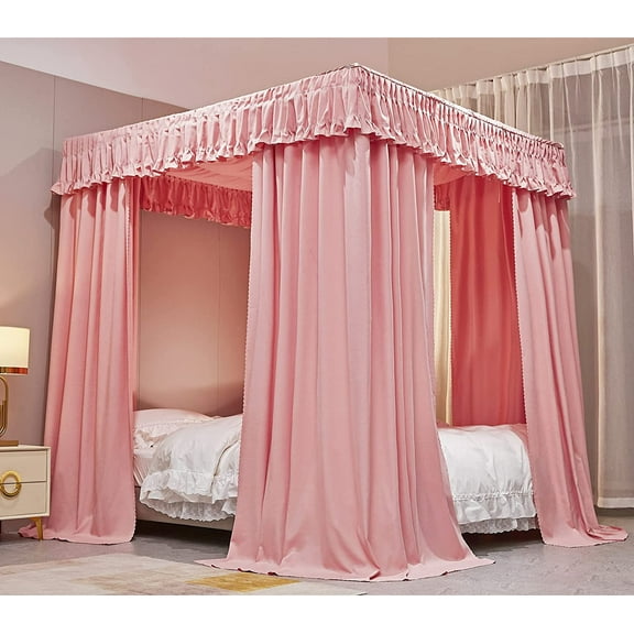 Elastic Roof Style Four Corner Post Princess Bed Canopy Curtains Cozy Breathable Tent Canopy Mosquito Net for Girls & Adults Bedroom Decoration (Pink, 59-64" W*82" L*82"*H/(Queen))