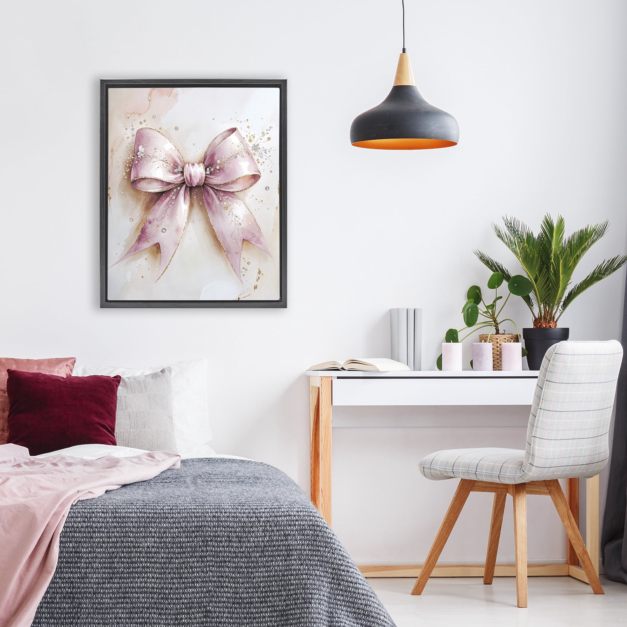 Stupell Industries Glamorous Blush Pink Bow Black Framed Floater Canvas Wall Art, design by Nataly White