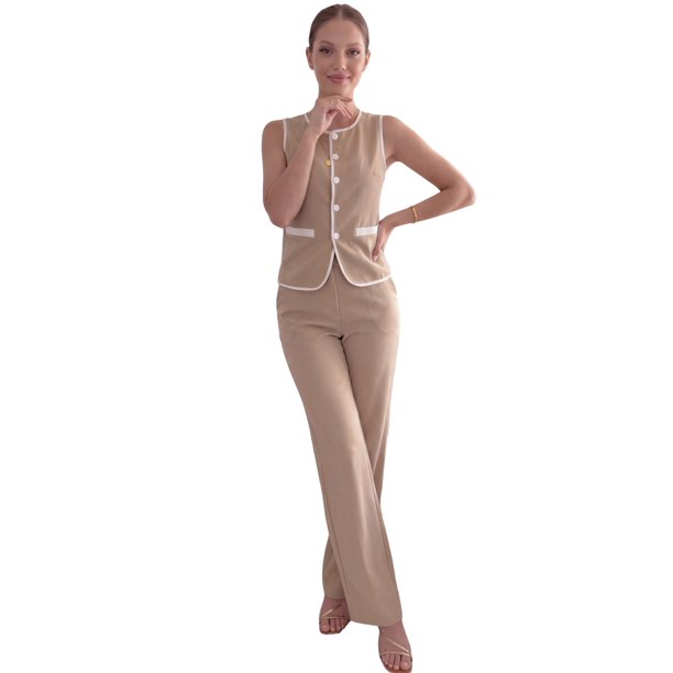 Conjunto Moderno 2 Piezas para Mujer, Chaleco con Botones y Pantalón Recto Moderno con Diseño Chic