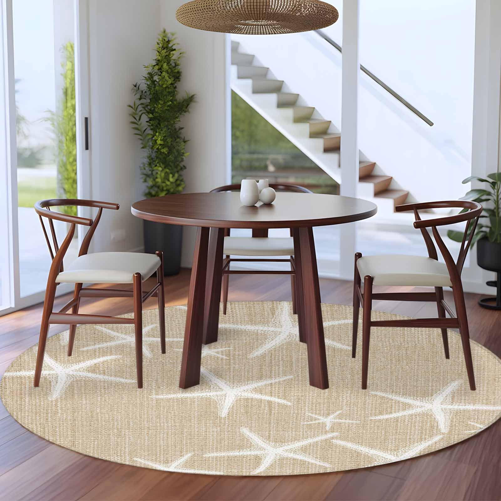 Round Area Rugs Collection 8 Ft, Coastal Starfish Non-Slip Residential Carpet, Summer Ocean Waves Ombre Sea Beige Indoor Crawling Mats Runner Rugs for Living Room/Dining Room/Bedroom