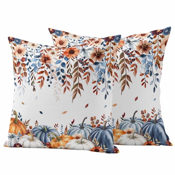 Outdoor Pillow Covers 26x26 Set of 2, Orange Blue Pumpkins Fall Waterproof Patio Throw Pillow Covers for Couch Sofa Chair, Thanksgiving Floral Botanical Decorative Pillowcases for Throw Pillows