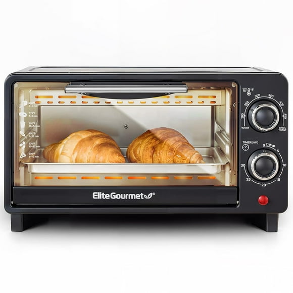Elite Gourmet ETO490 Horno tostador de encimera de 9 L/4 rebanadas con temporizador de 30 minutos, control de temperatura ajustable, incluye bandeja para hornear y rejilla, hornear, asar, tostar, negr