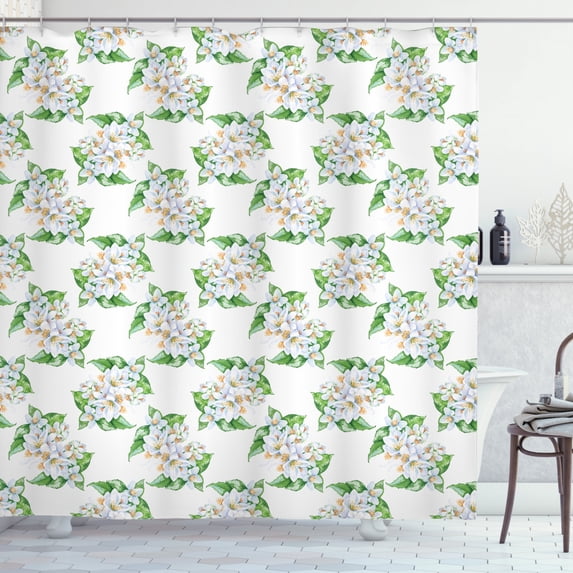 Jasmine Shower Curtain, Romantic Watercolor Style Pattern with Tender Floral Bouquets, Fabric Bathroom Set with Hooks, 69W X 84L Inches Extra Long, Off White Marigold Fern Green, by Ambesonne