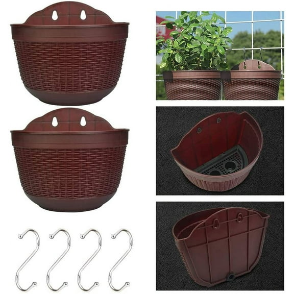BUZIFU 2 Pcs Hanging Planters Wall Mounted Hanging Basket Fence Planter Hanging Plant Pots Plastic Flower Pot Container with Drainage and 4 Hooks for Balcony Fence Patio Planters, Indoor Outdoor