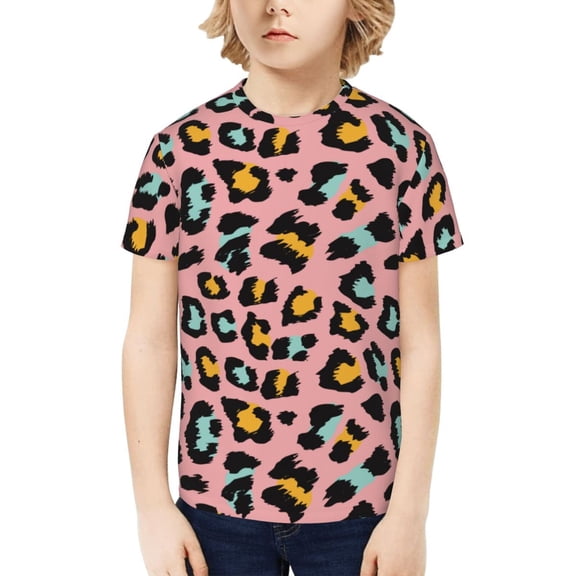Fuzoiu Leopard Print Boys' Casual T-Shirt,Crewneck Undershirts,Boys Athletic Shirt,Short Sleeve T-Shirts for Outdoor Play