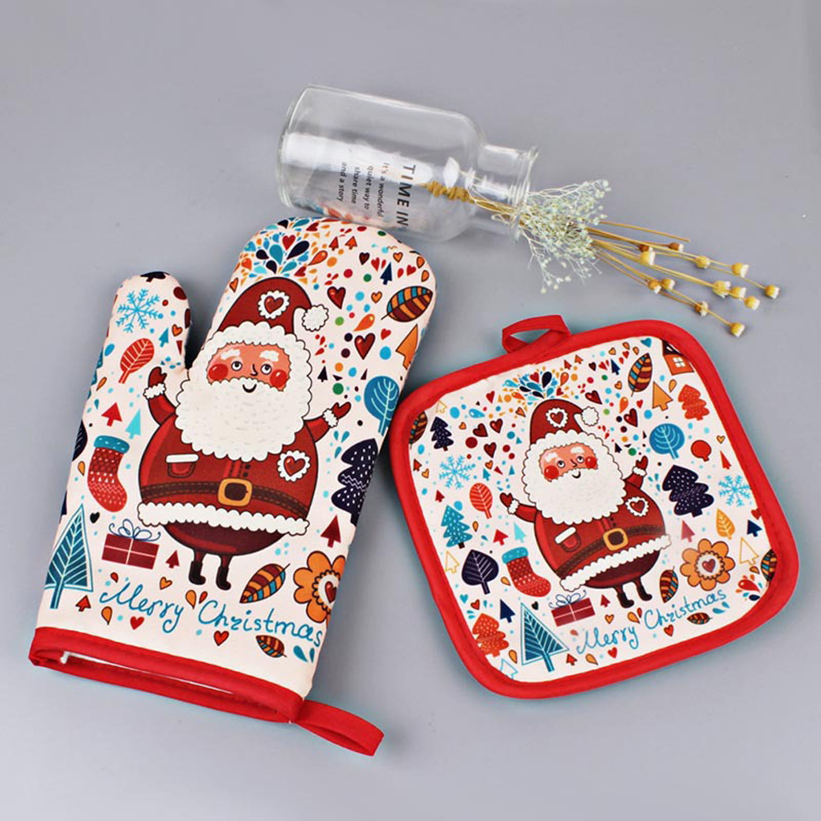 Christmas Oven Mitts Scraper Gift - GROBRO7 Happy Holiday Greeting Card  Gift Set Heat Resistant Gloves with Hanging Loop Merry Xmas Wooden Handle