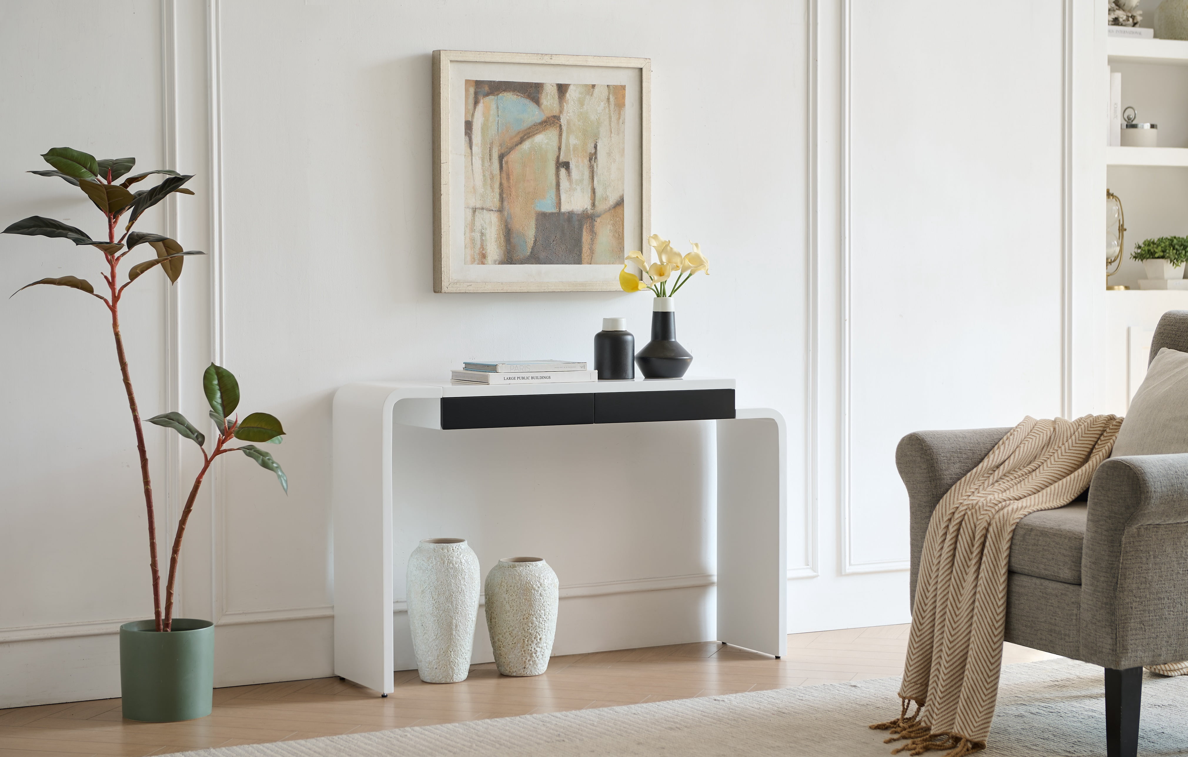 Kings Brand Furniture Yuma Wooden Console Table - Contemporary Thin Sofa Table, Side Table, Entryway Table, Display Table with 2 Drawers Perfect for Hallway, Living Room, Foyer (White with Black)