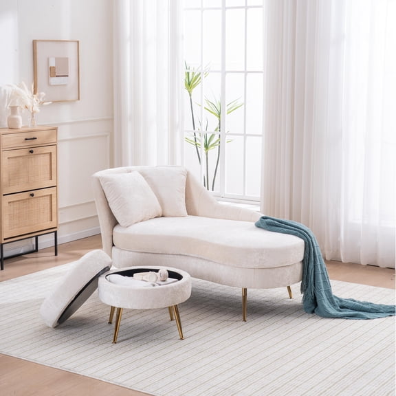 Newest 58" Chaise Lounge Chair with Left Armrest & Lumbar Pillow, Chenille Upholstered Recliner with Pocket Springs, Beige