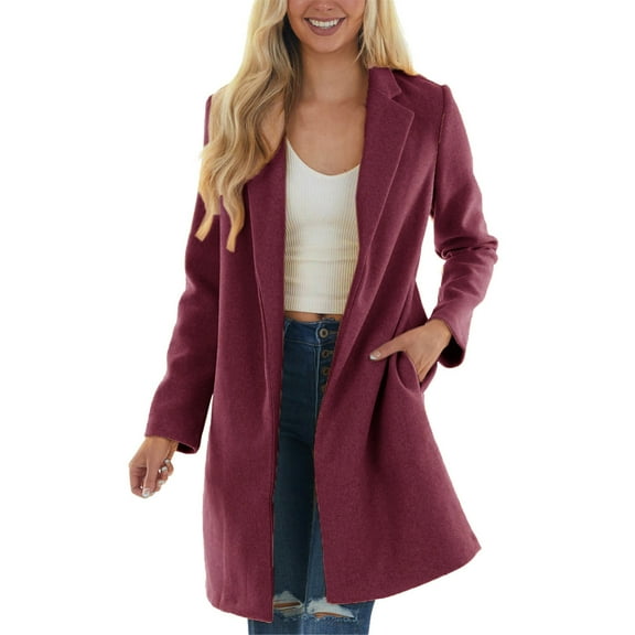 yievot Women's Notched Collar Wool Blend Open Front Midi Long Trench Coat
