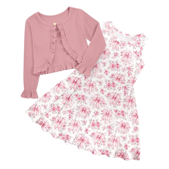 Aideaone Little Girls Sleeveless Dress with Ruffle Cardigan 2 Piece Set Butterfly Print 5 to 12