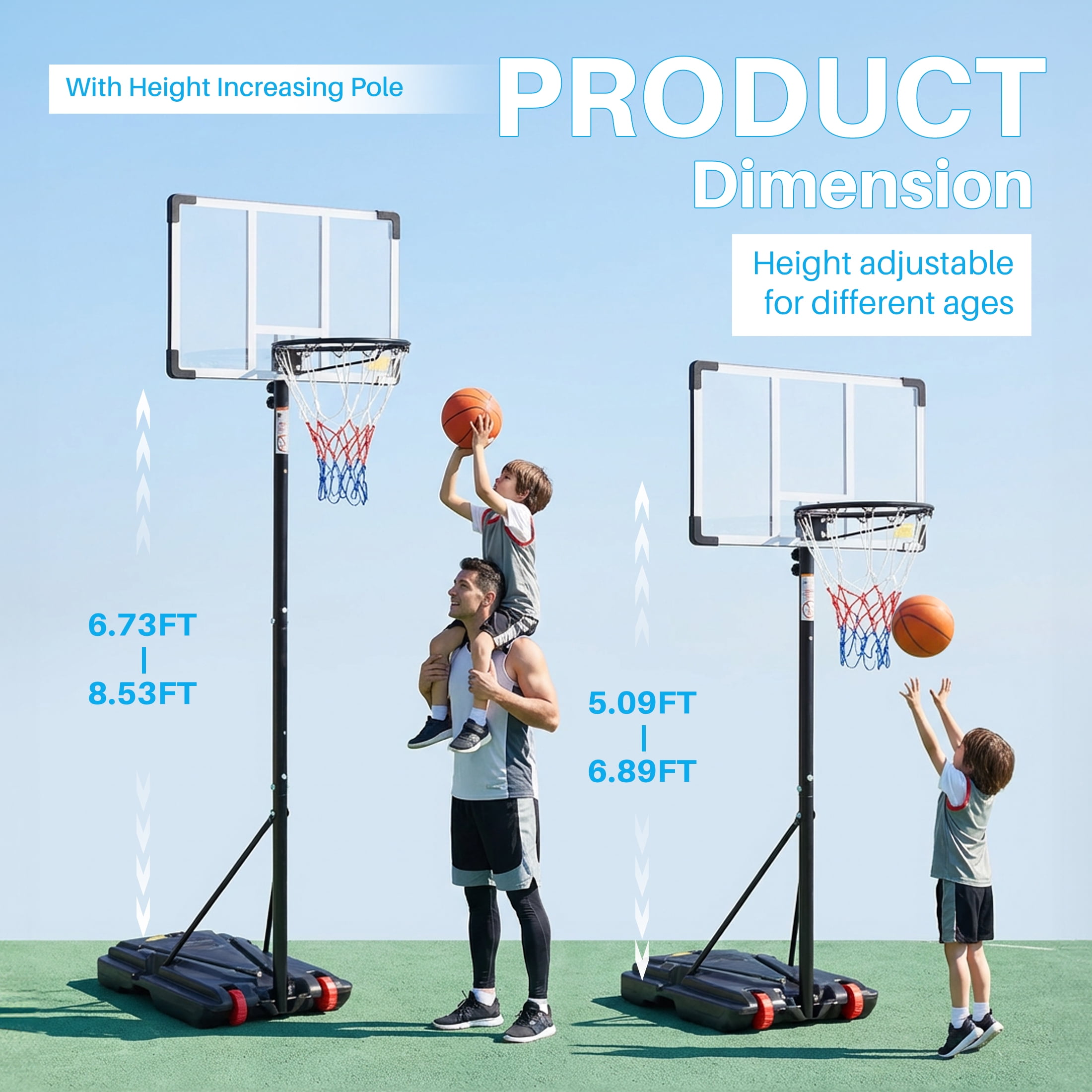 EDX 5ft-8.5ft Height-Adjustable Basketball Hoops, Outdoor Portable Basketball System with 32" Shatterproof Backboard, White