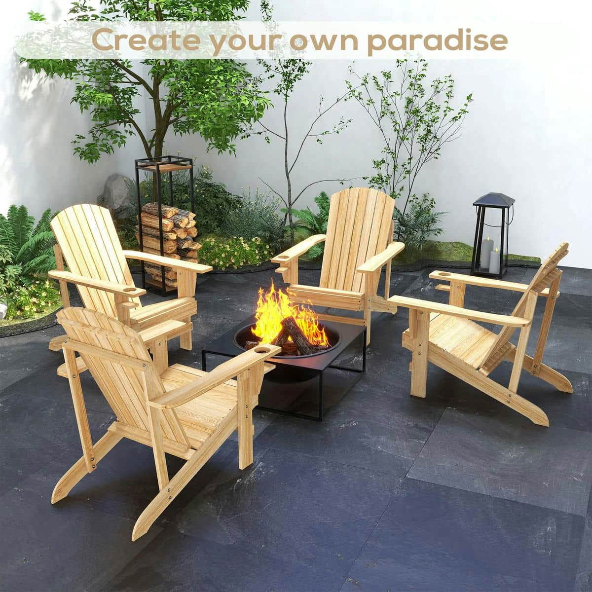 Yardi Yarda Oversized Adirondack Chair, Outdoor Porch Seating, Classic Log Lounge with Built-in Cupholder, Natural