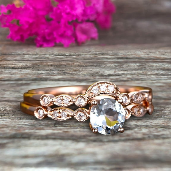 Classic 10k Rose Gold 1.50 Carat Round Cut Natural Aquamarine Engagement Ring With Matching Wedding Band Anniversary Gift Art Deco