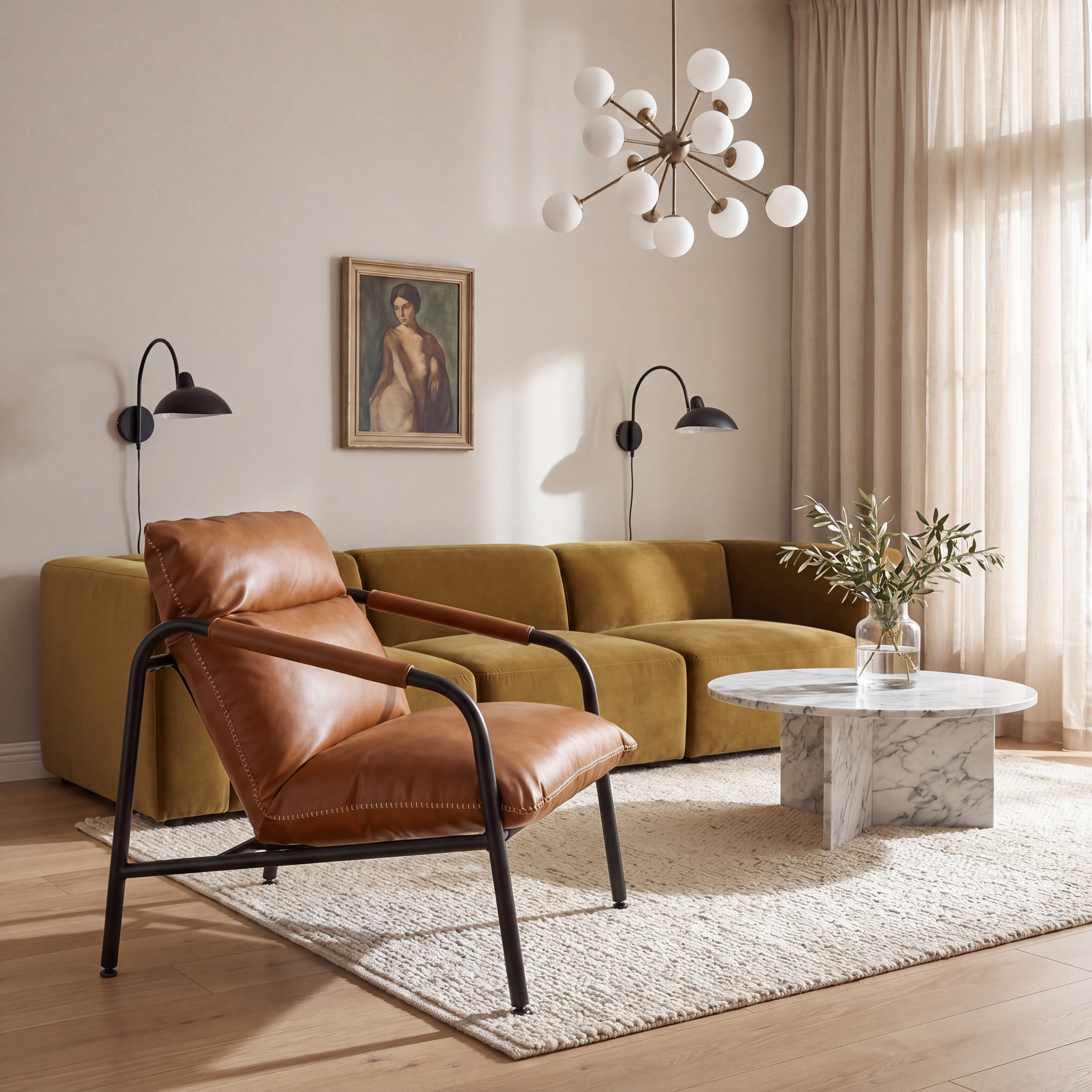 Nordic Hygge Mid-Century Modern Sling Armchair with Caramel Brown Synthetic Leather, Decorative Stitching, and Sturdy Metal Frame