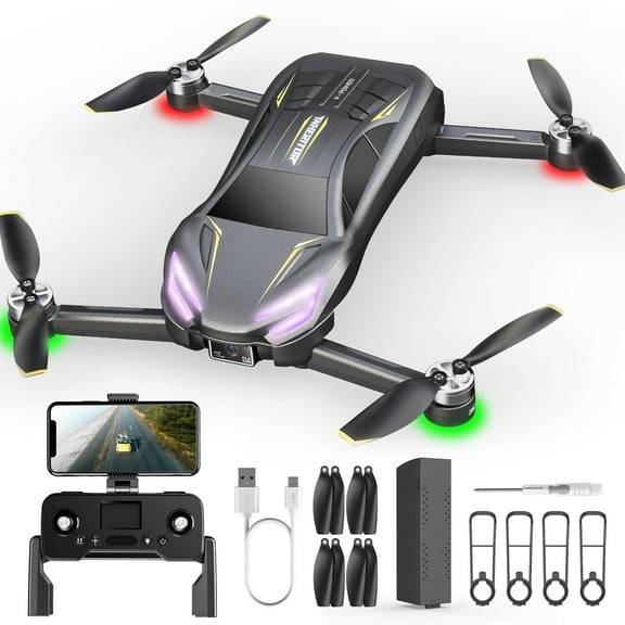 Wefone D12 Racing-Car Drone with 720P HD Camera for Kids and Adults, LED Lights, 2 Batteries, Gray