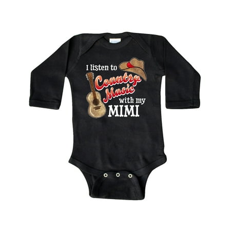

Inktastic I Listen to Country Music with my Mimi Guitar and Hat Gift Baby Boy or Baby Girl Long Sleeve Bodysuit