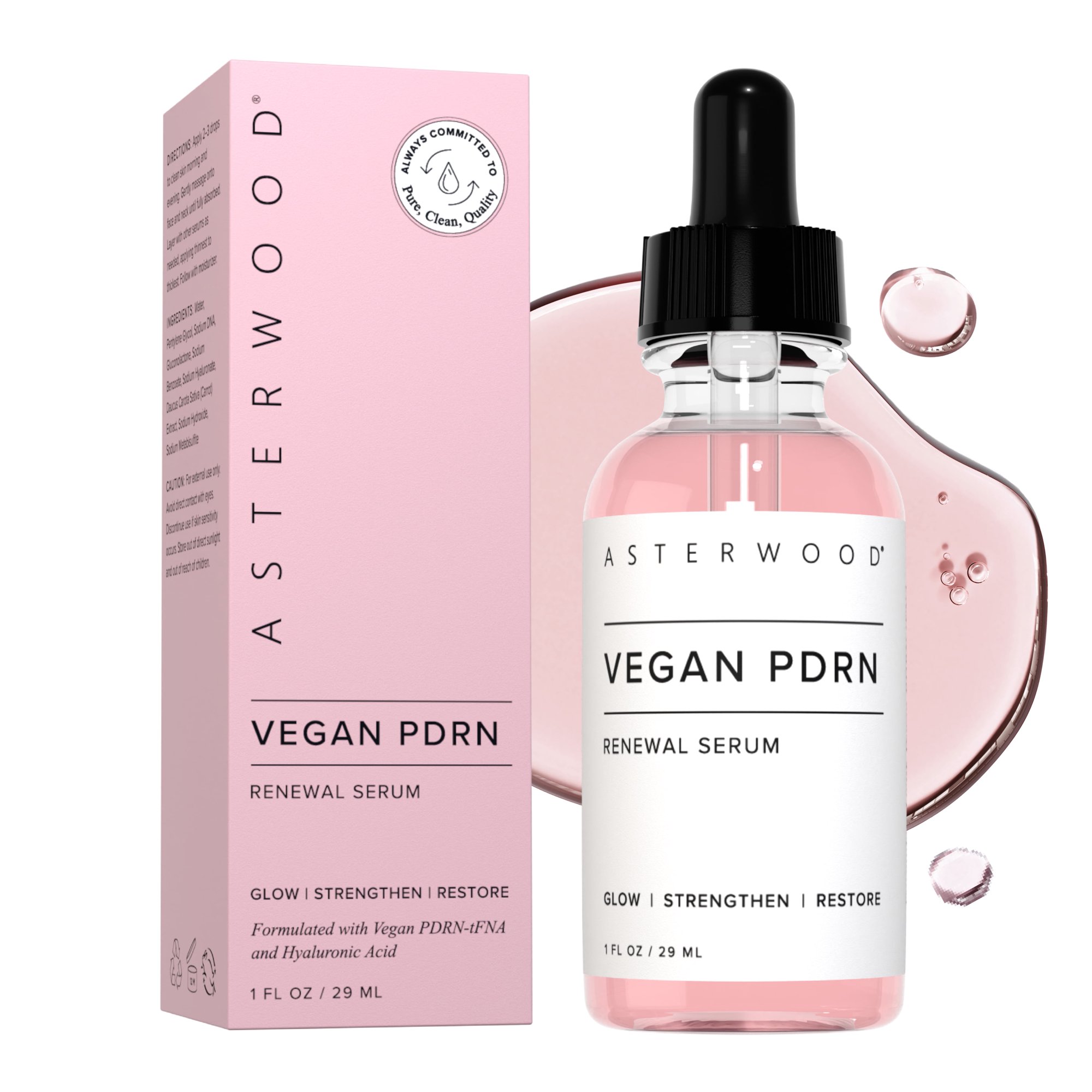 Asterwood Vegan PDRN Renewal Serum - 2% Sodium DNA + Hyaluronic Acid + PHA - Supports Skin Repair, Firmness + Radiance - Fragrance-Free - 1 Fl Oz