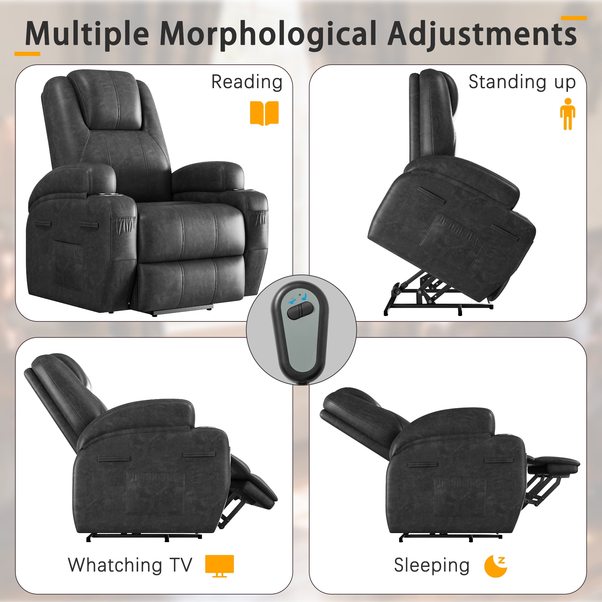 Furmax Electric Power Lift Leathaire Recliner Chair with Massage for Bedroom, Black
