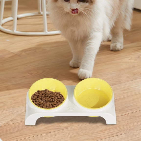 Double Bowl Slanted Pet Feeder | Anti-Tip Non-Slip Base | Protection | Food & Water | Plastic | Pink, Yellow, Green | 30x14.5x8.5cm | Easy Clean | For Cats & Dogs