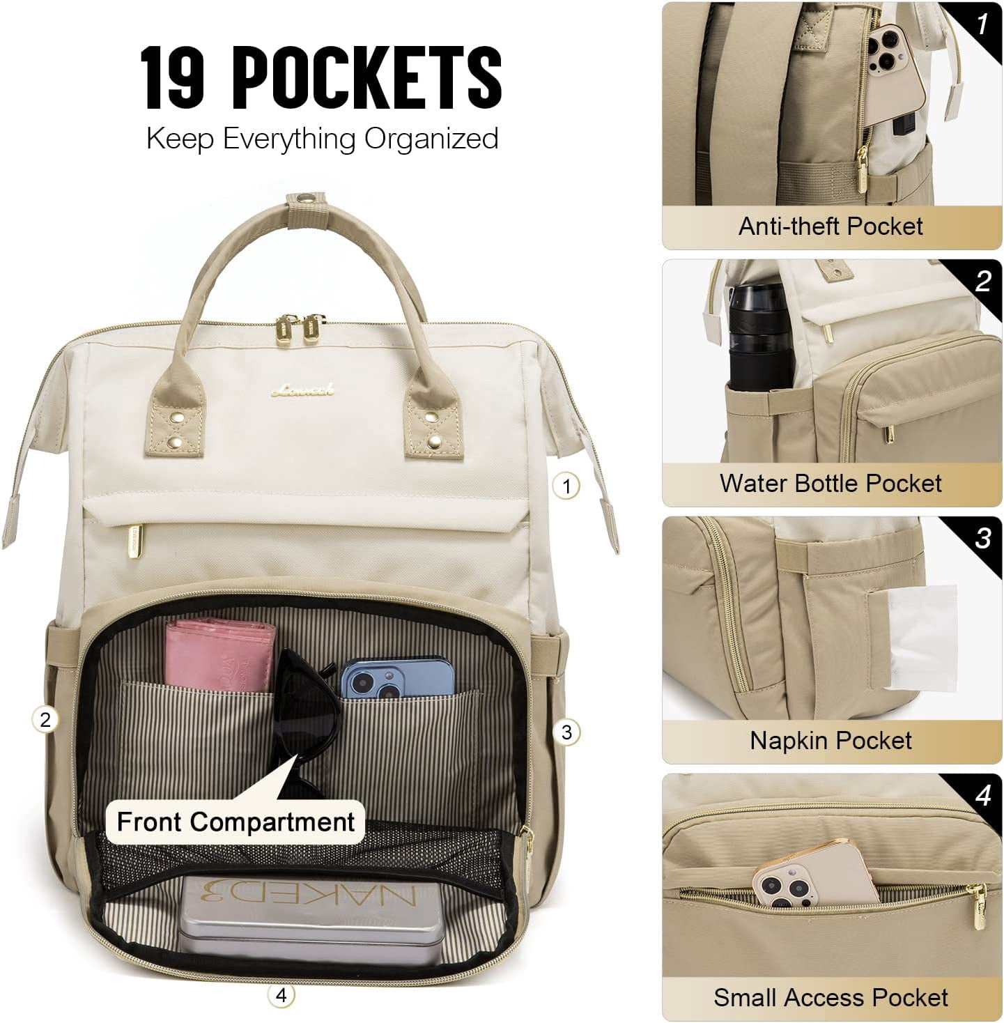 Lovevook Laptop Bag 15.6",Women Work Computer Bag Teacher Nurse Backpack Purse with USB,Waterproof Travel Backpack College Bookbag(Beige-Khaki)