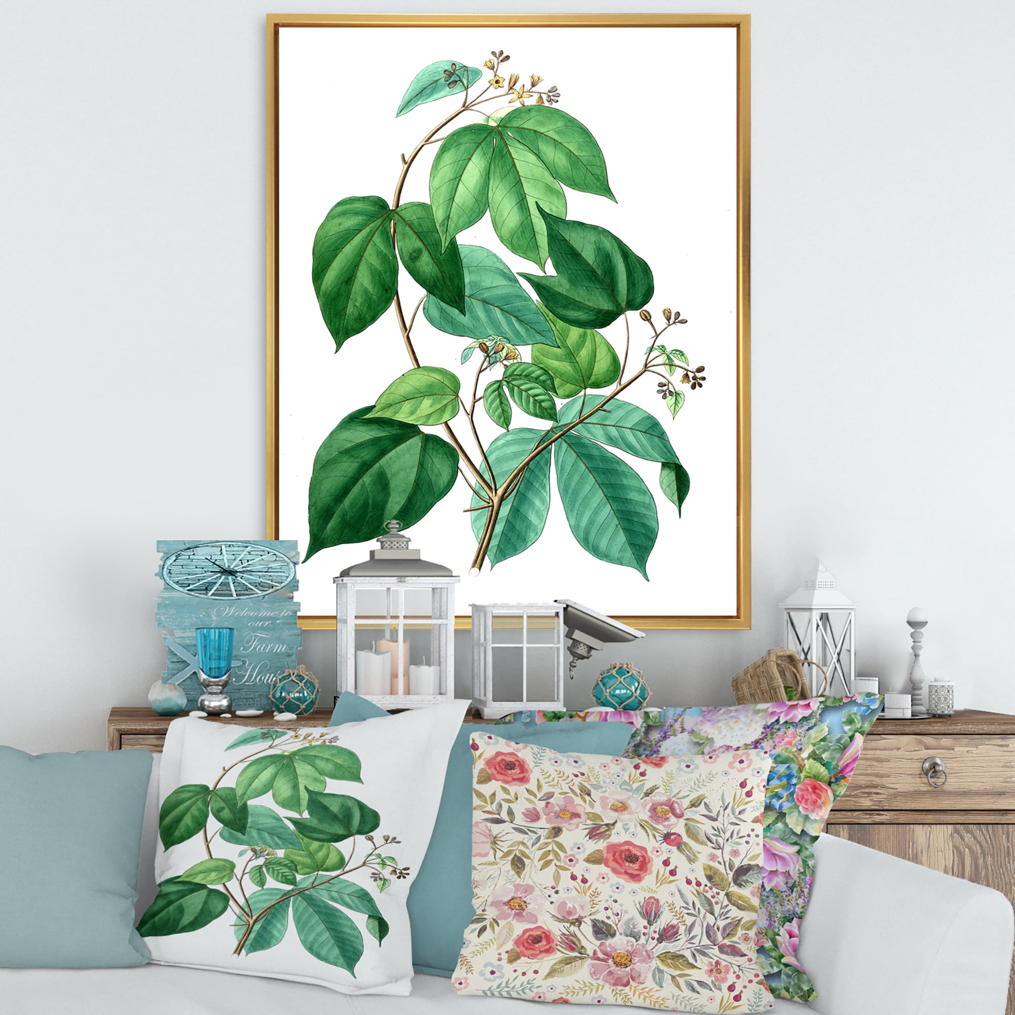 Designart 'Ancient Green Leaves Plants III' Traditional Framed Canvas Wall Art Print