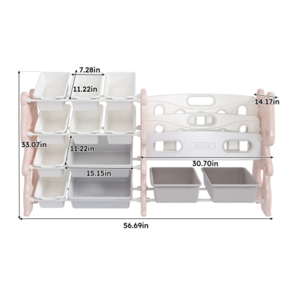 Kids Toy Storage Organizer with 12 Bins, 2-Tier Bookshelf & Toy Storage Shelf, Multifunctional Children's Bookcase for Playroom, Bedroom, Kids Room & Classroom, Pink
