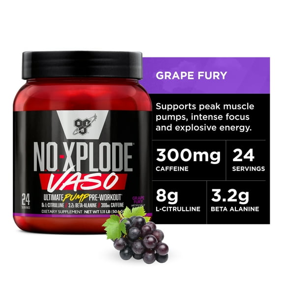 BSN N.O.-XPLODE Vaso Pre Workout Powder with 8g of L-Citrulline and 3.2g Beta-Alanine and Energy, Flavor: Grape Fury, 24 Servings
