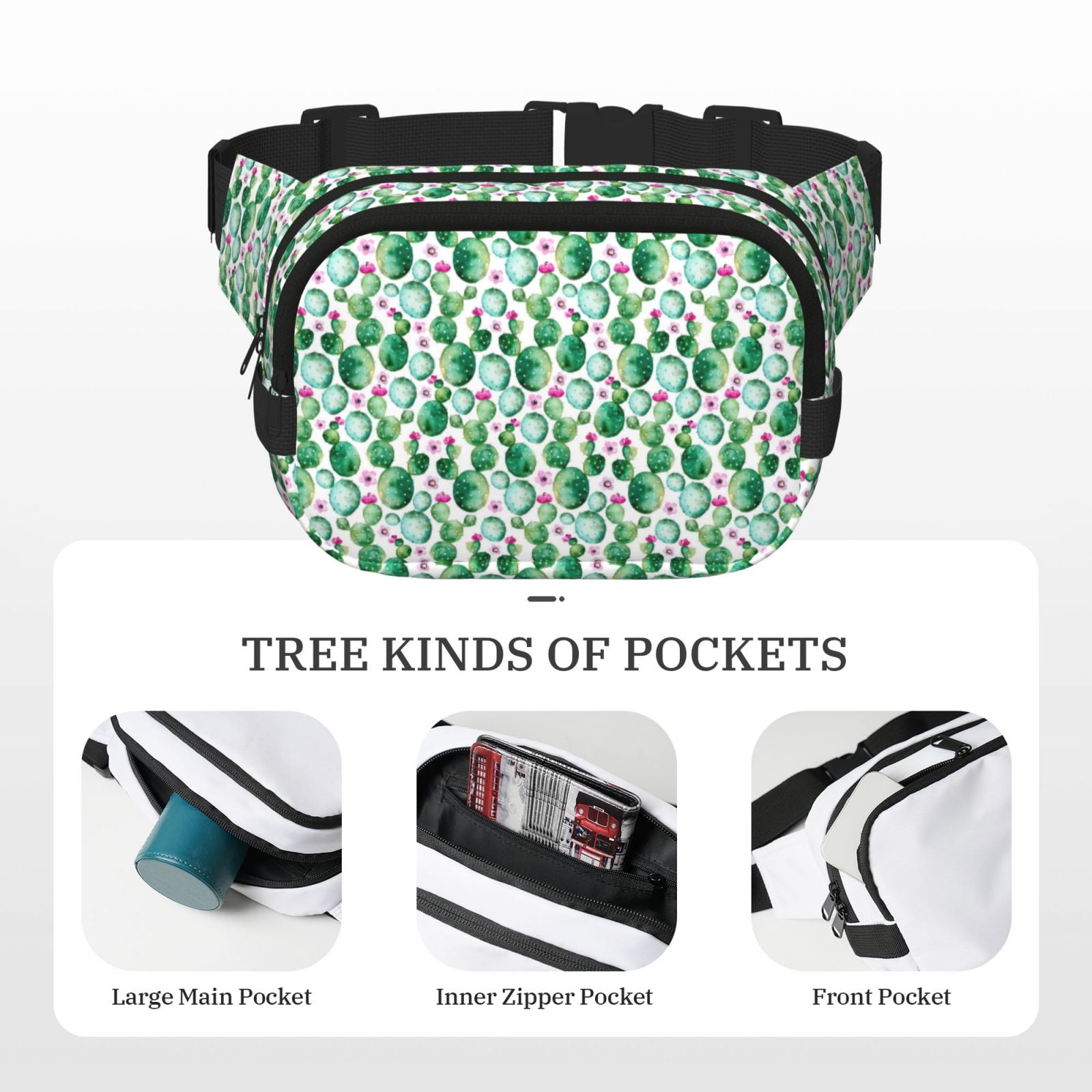 Picia Cactus Plants Print Square Double-Layer Waist Bag Mini Adjustable Waist Belt Bag Exercise Running Travel Hiking