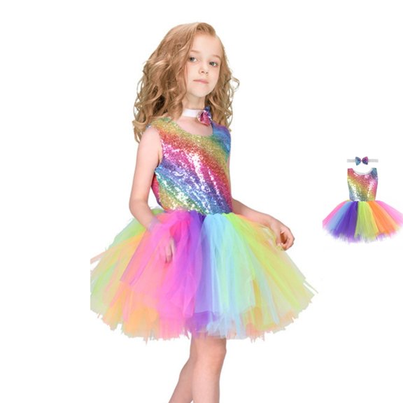 HJYCHN Girls Dresses Sleeveless Mesh Party Gown with for Carnival Kids Dress 7-8 Years