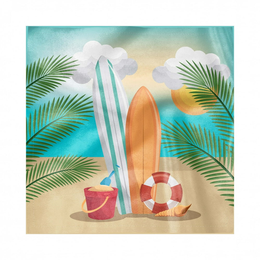 Graphic Beach Napkins Set of 4, Summer Holiday Fun Cartoon with Surf ...