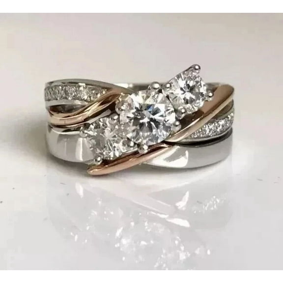 2Ct Round Cut Simulated Diamond Women Wedding Men's Band Ring 14K Two Tone Gold Plated 925 Silver