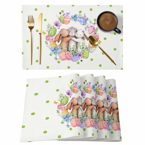 Easter Cute Rabbits Placemats Set of 12, Colorful Eggs Pink Blue Flowers Green Pot Placemats for Dining Table, Place Mats for Kitchen Tabletop, Waterproof Wipeable Dining Table Mats Set
