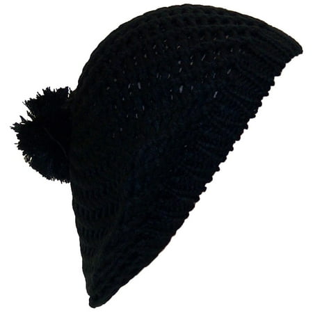 Best Winter Hats Open Swirl Weave Knit Solid Color Winter Beret w/Pom Pom (One Size) -